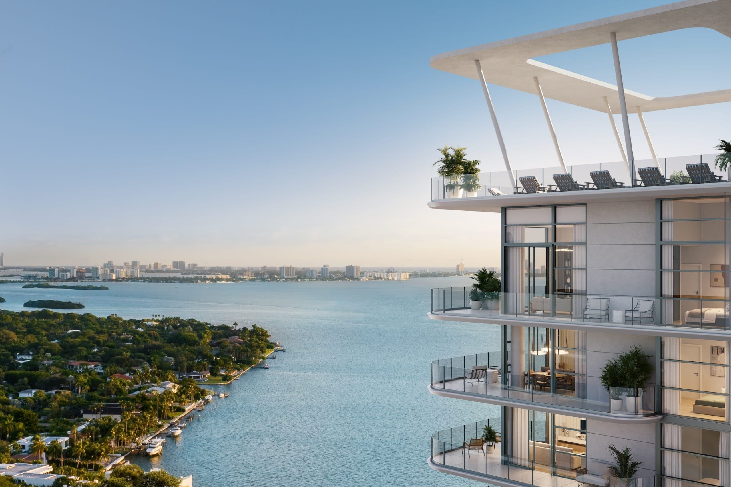 Außenansicht von Elle Residences, moderner Wohnturm am Wasser in Miami mit Blick auf die Bucht