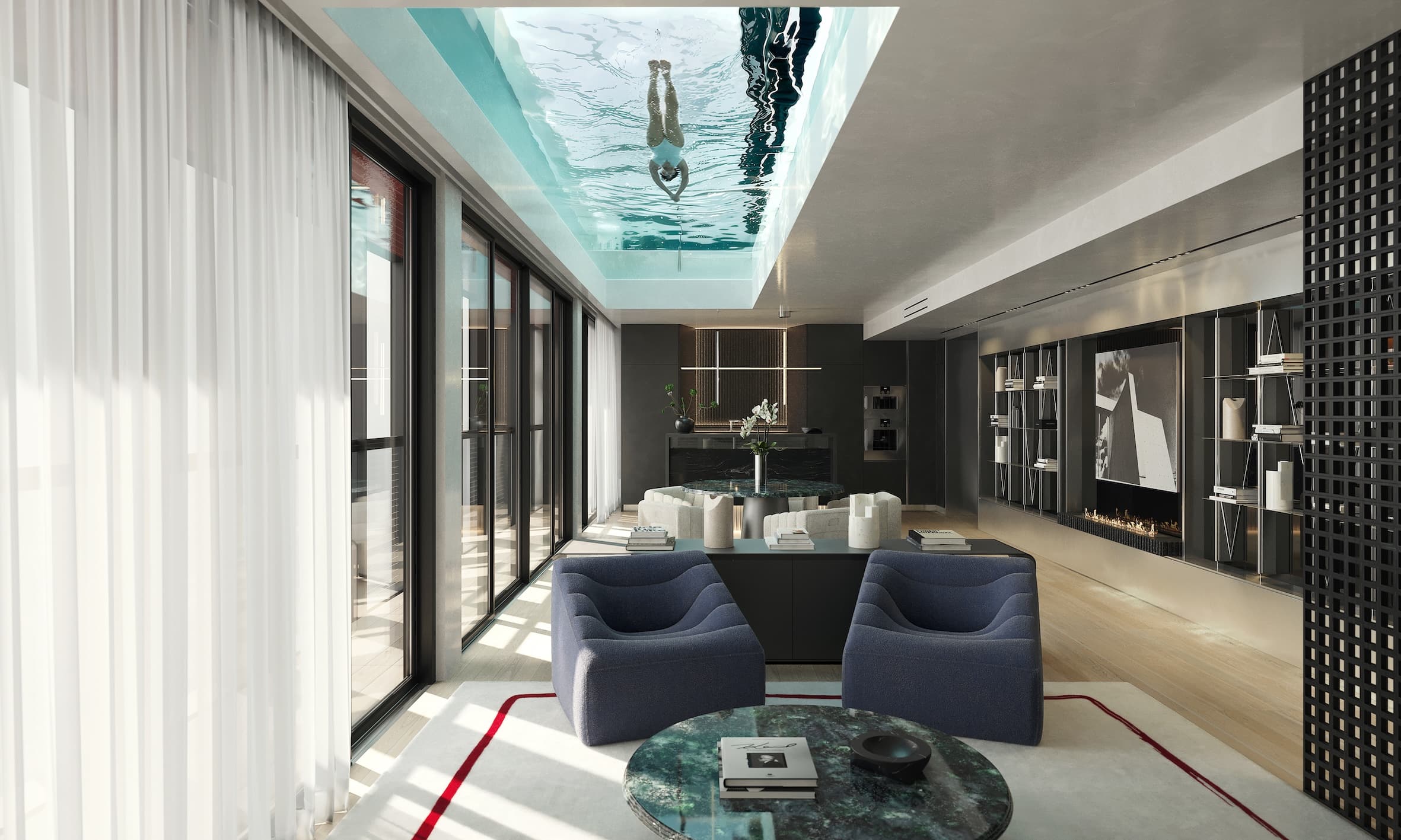 Modern eingerichtetes Wohnzimmer mit Glasdach und Schwimmbad darüber, Projektdesign von The One Atelier im Rahmen eines Karl Lagerfeld Projekts in Lissabon.