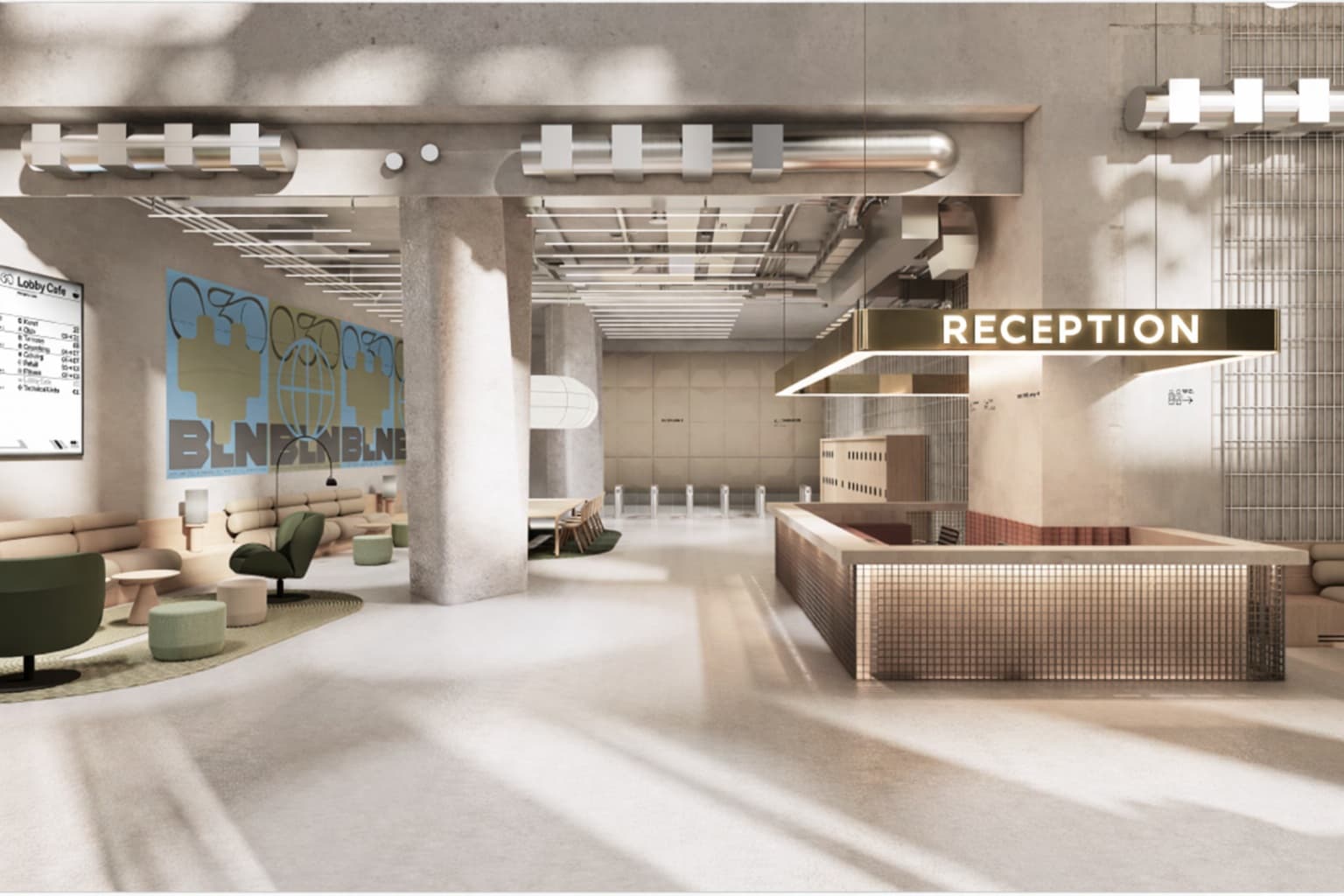Moderne Lobby mit Empfangsbereich und Sitzgelegenheiten im 030BLN Berlin.