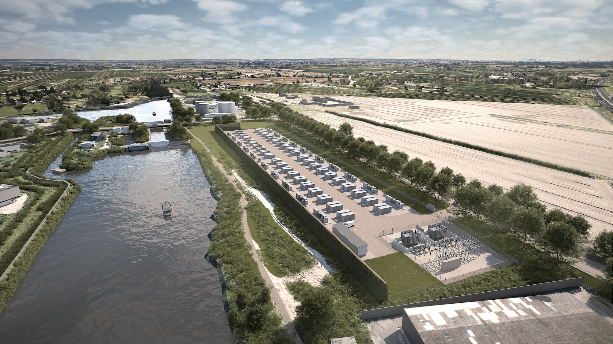 Visualisierung Batterieenergiespeichersystem (BESS)-Projekt mit 100 MW / 400 MWh in Bergedorf (Credits: Flower)