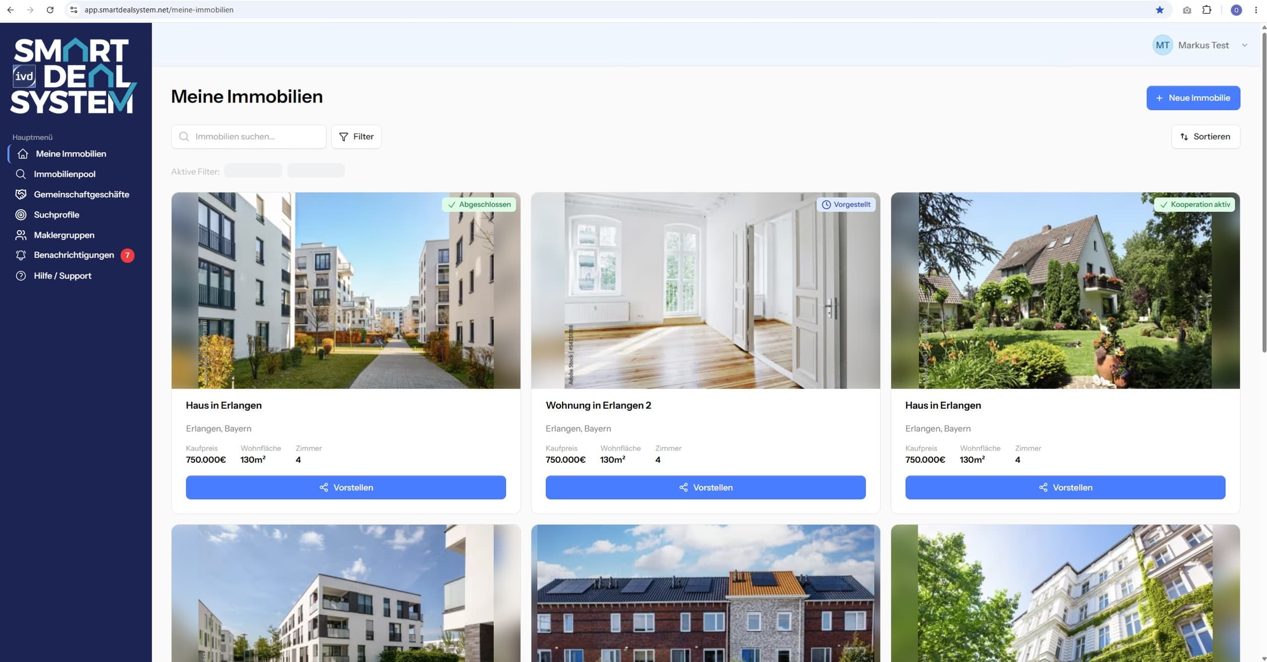 Screenshot der Benutzeroberfläche der IVD-Plattform Smart Deal System mit Immobilienangeboten.