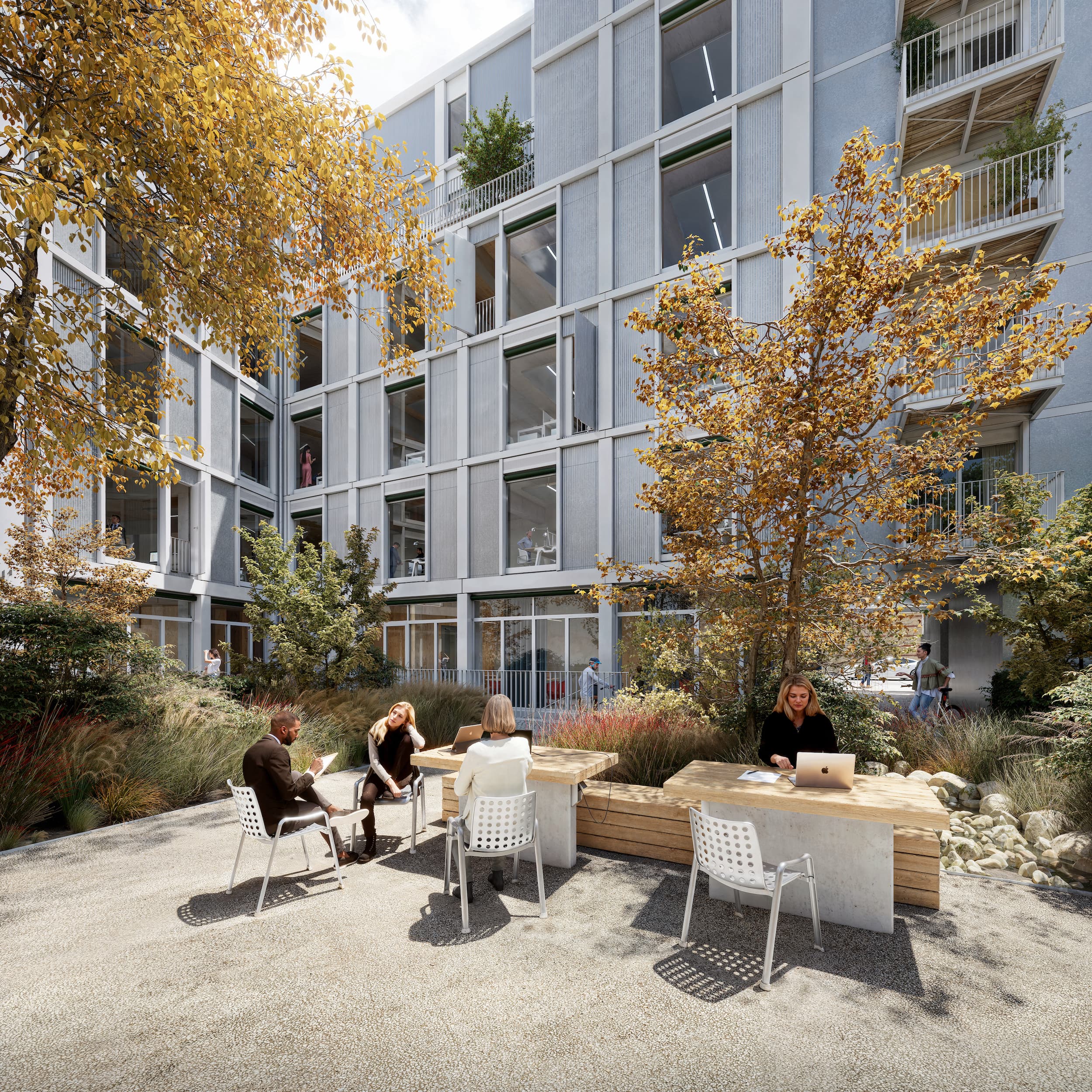 Gartenflächen und Außenbereiche des Bürogebäudes GREENIUS mit Menschen im Freien
