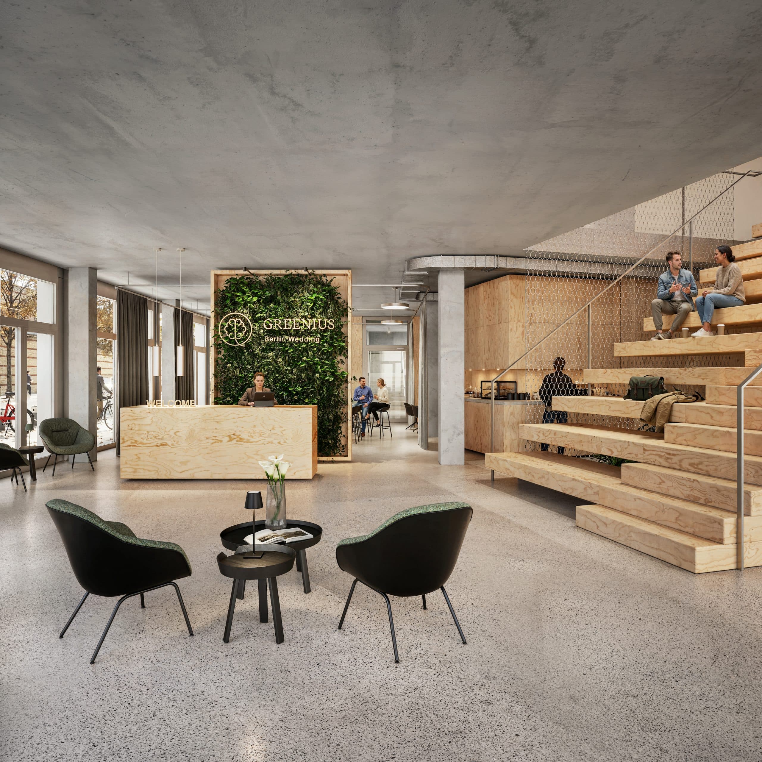Lobby und Innenraum des GREENIUS Bürogebäudes mit Empfang und Sitzbereich