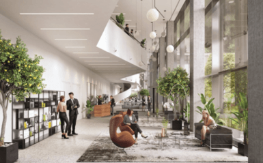 Visualisierung des Empfangsbereichs im Gebäude JOYA, zukünftiger Hauptsitz der OFPRA in Fontenay-sous-Bois mit Personen und moderner Innenarchitektur