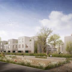 Visualisierung der Wohnhäuser im Landwehrviertel Osnabrück, moderne Architektur mit Grünflächen.
