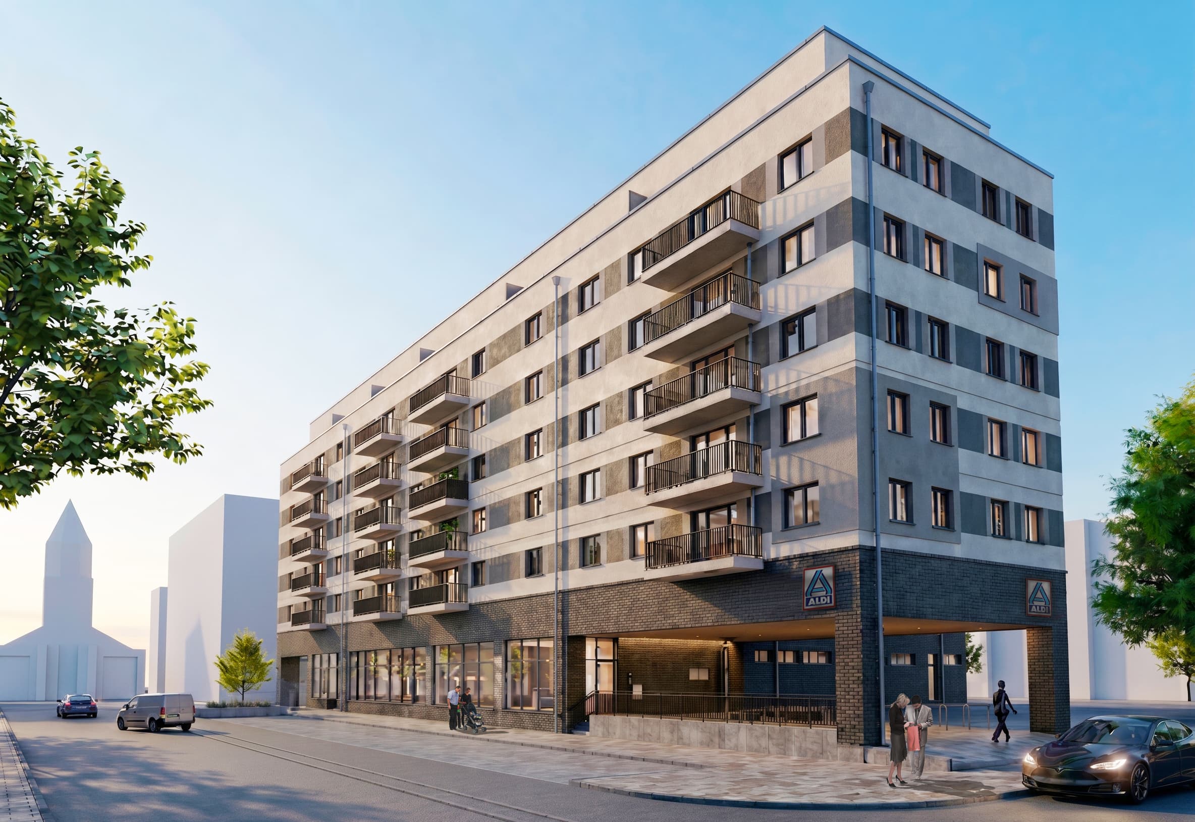 Visualisierung des neuen Wohn- und Einzelhandelsgebäudes in der Weinstraße 9, Berlin-Friedrichshain, mit ALDI-Markt im Erdgeschoss.