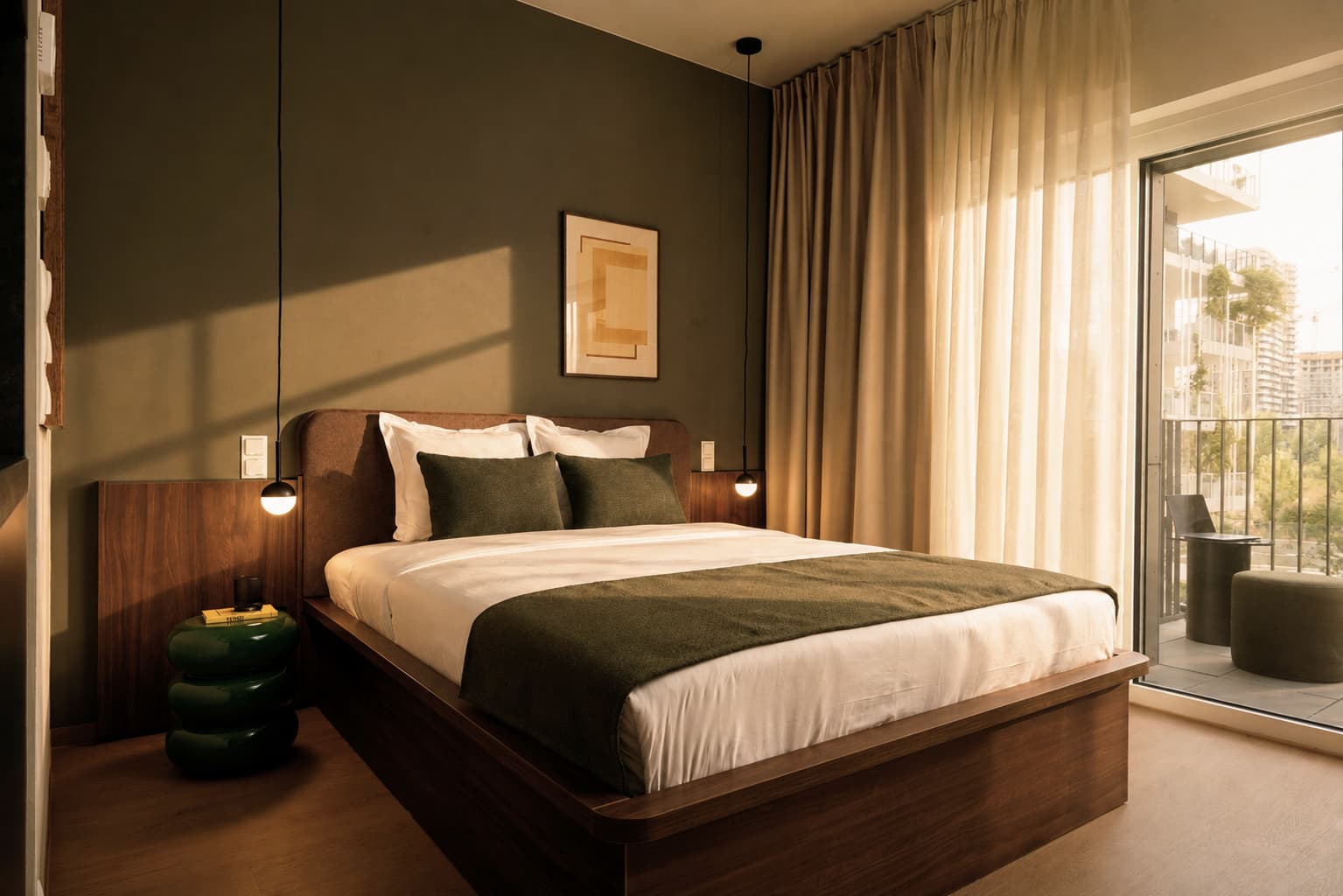Modern eingerichtetes Zimmer mit Doppelbett und Balkon im Habyt Vienna Aparthotel in Wien