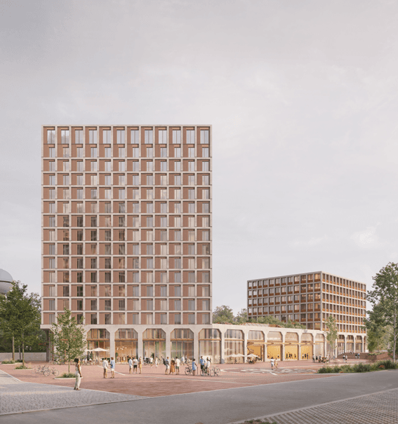 Visualisierung des Sieger-Entwurfs für das Gebäudeensemble Urbane Mitte Süd am Gleisdreieck Berlin von KSP Engel.