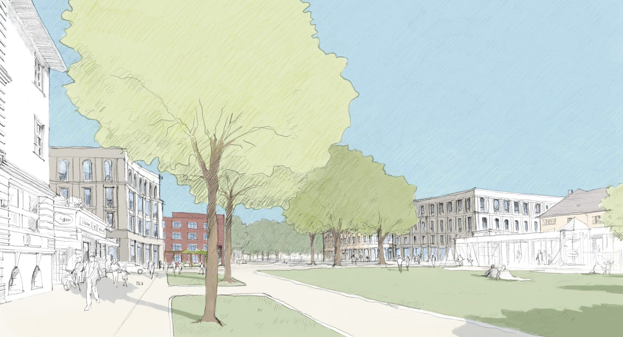 Visualisierung des umgestalteten Breitenbachplatzes in Berlin mit neuen Wohngebäuden und Grünflächen.