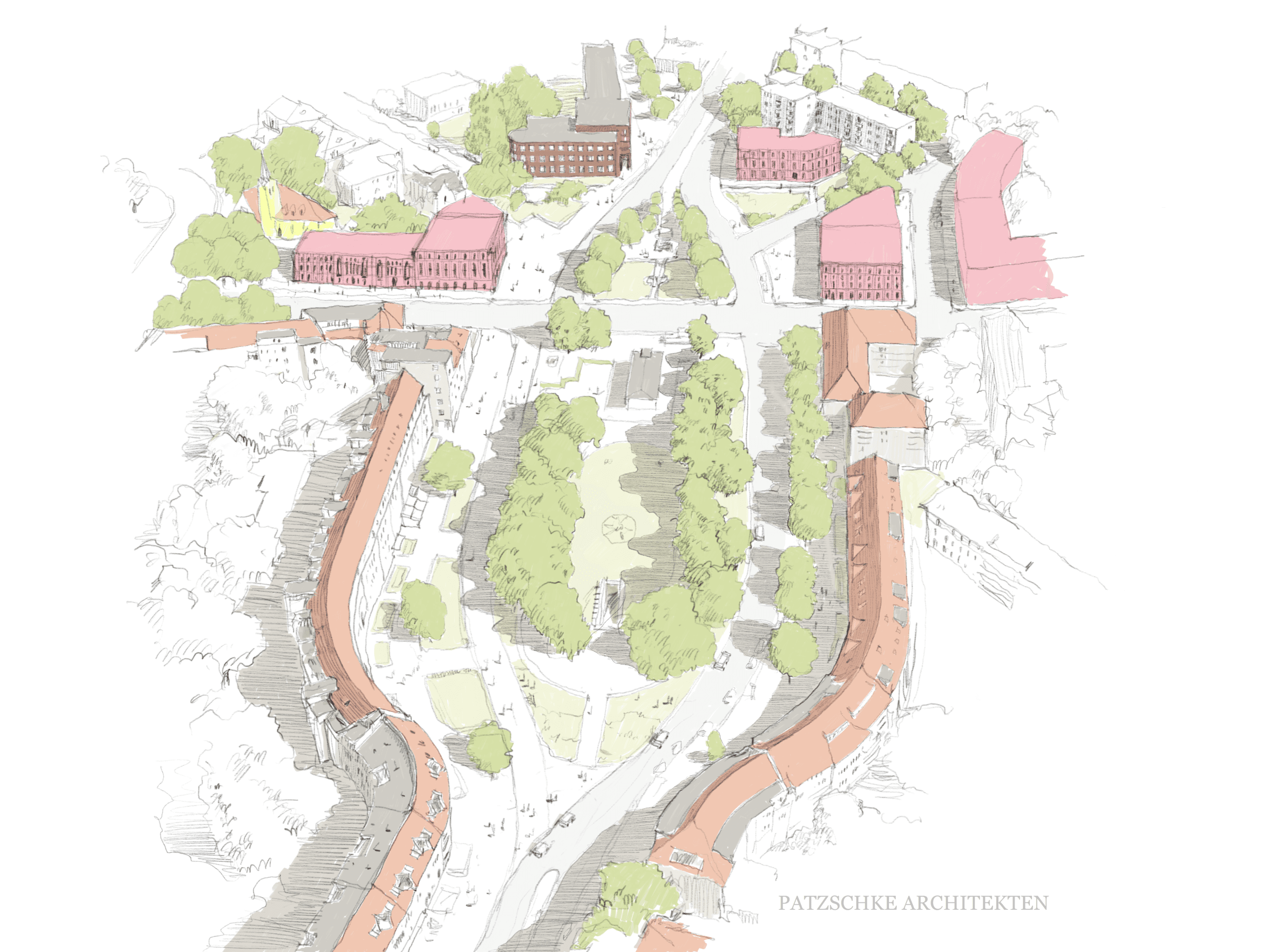 Visualisierung: Perspektive auf den umgestalteten Breitenbachplatz in Berlin mit neuen Gebäuden und Grünflächen.