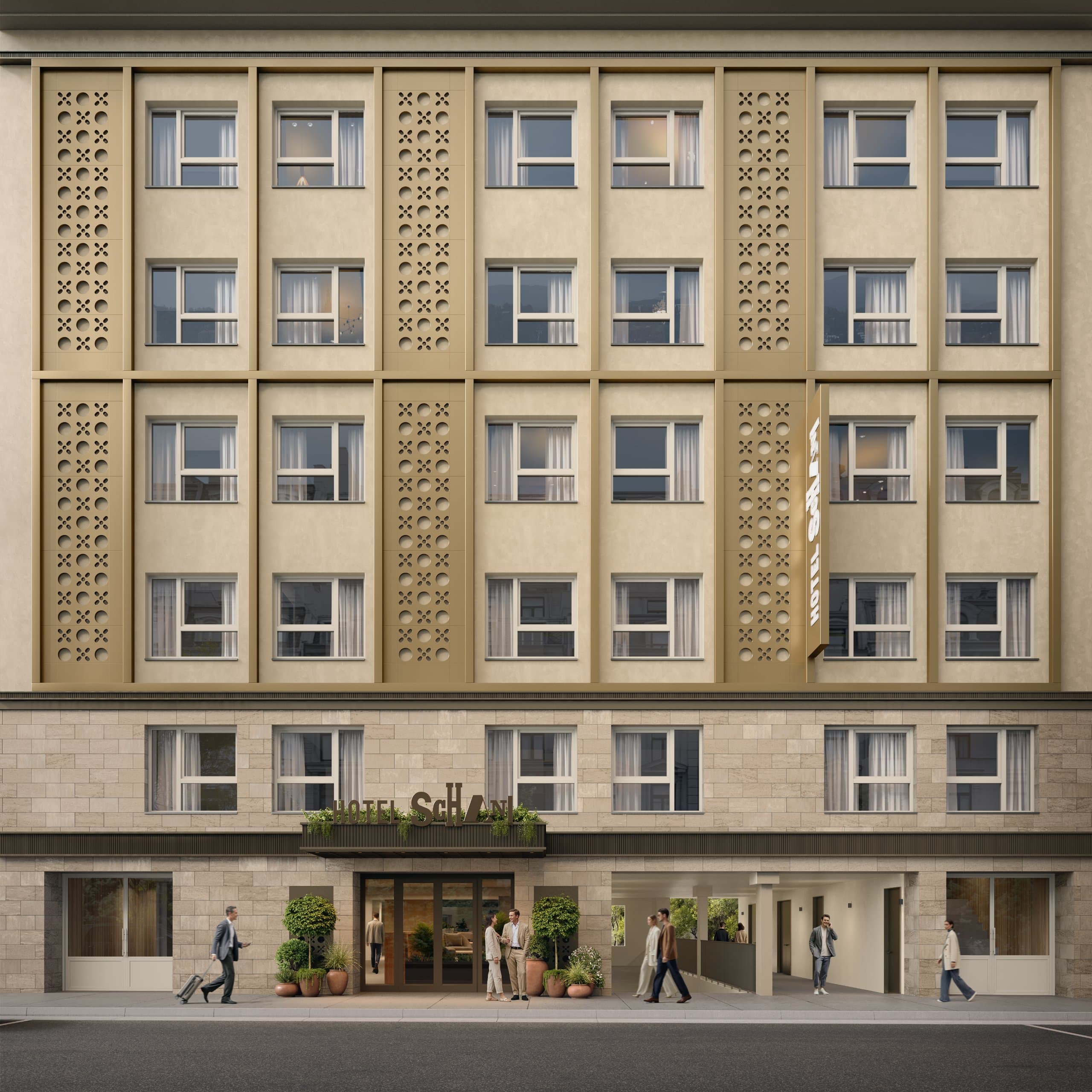 Fassade des Hotel Schani City in Wien, modernes Stadthotel und Preisträger 2026