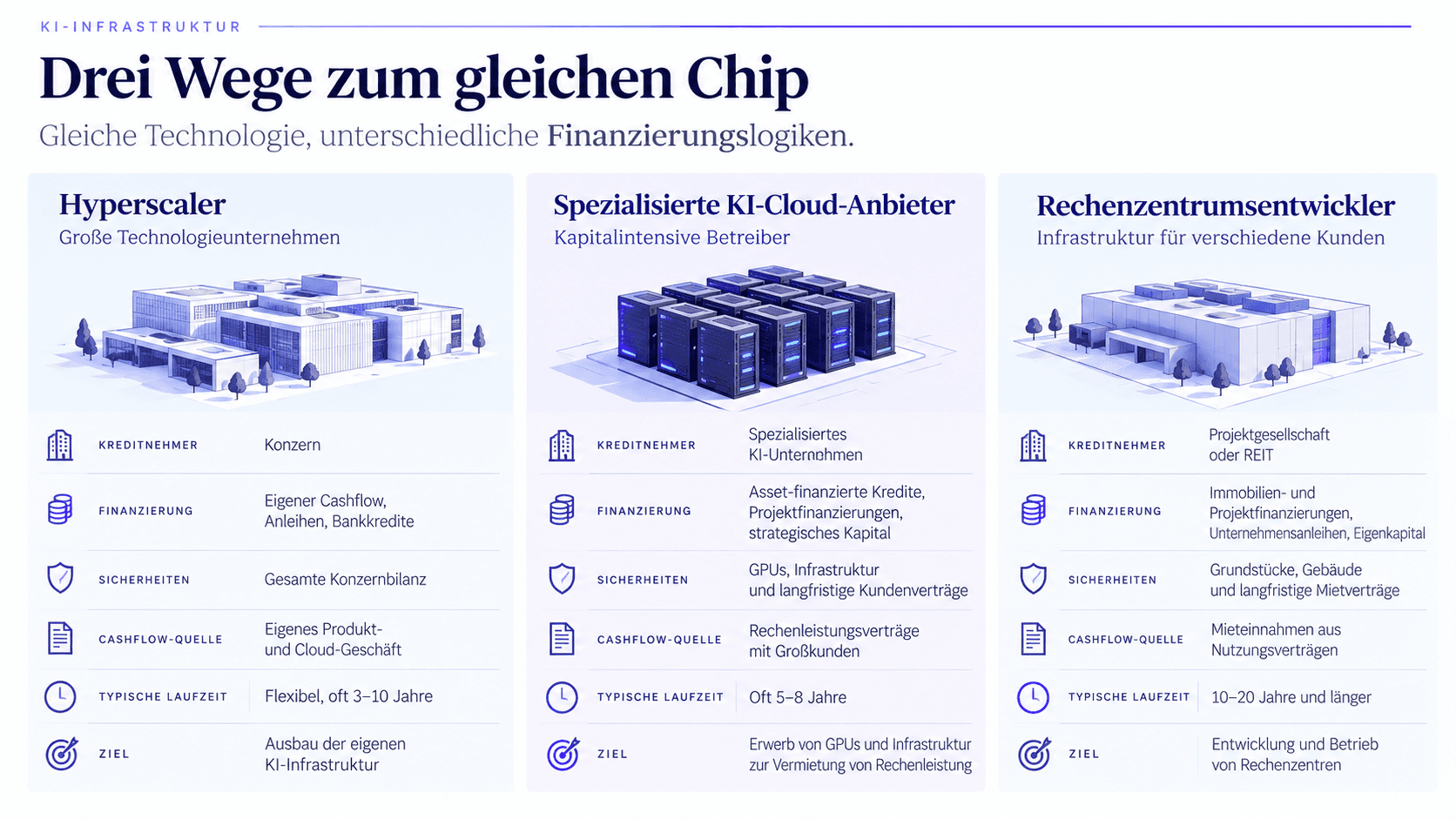 Infografik zu drei Finanzierungsmodellen für KI-Infrastruktur: Hyperscaler, spezialisierte KI-Cloud-Anbieter, Rechenzentrumsentwickler, mit den jeweiligen Quellen, Sicherheiten, Cashflow-Quellen und Zielen.