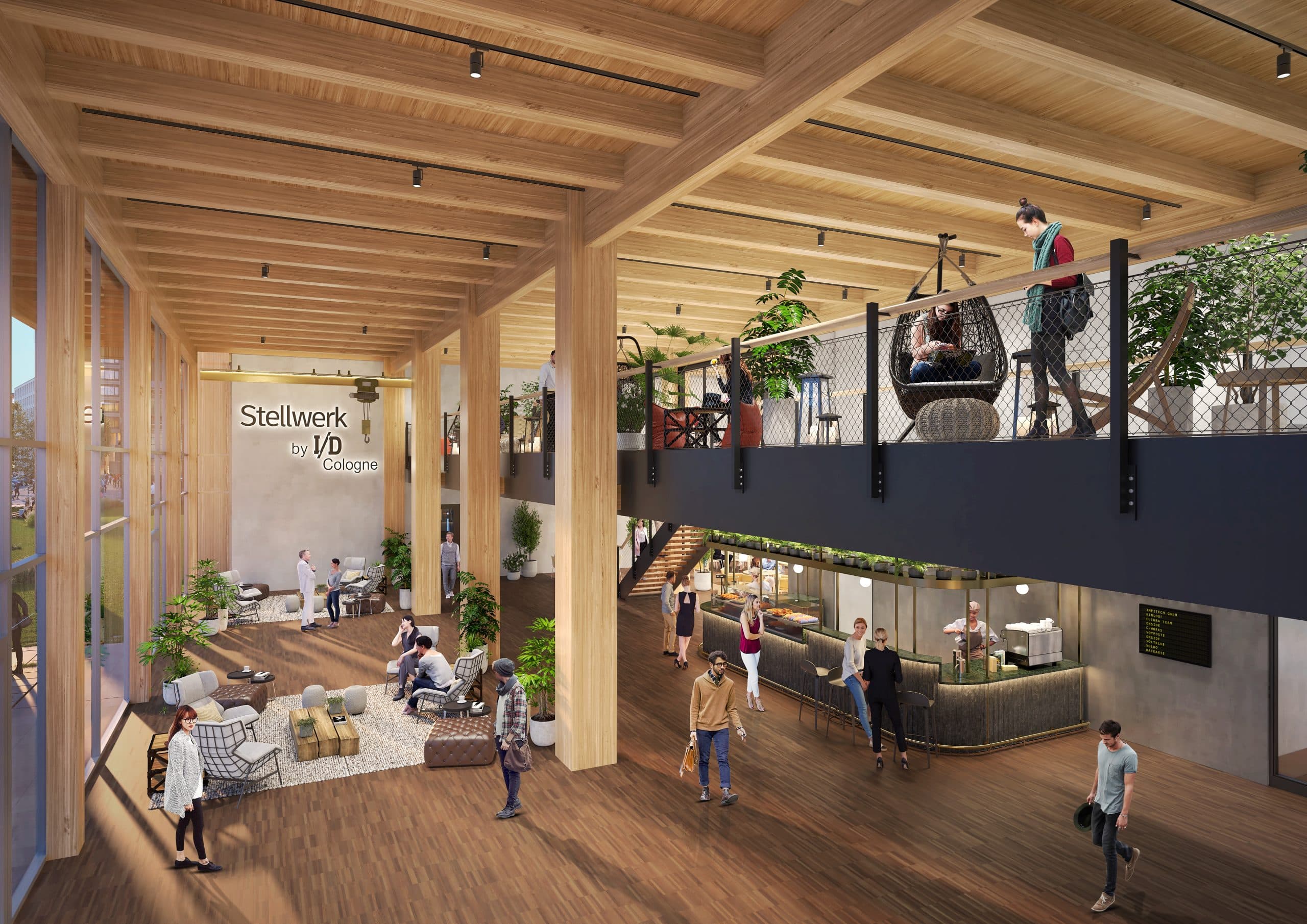 Moderne Lobby des Stellwerk-Bürogebäudes im I/D Cologne mit Holzarchitektur, Sitzgruppen und Cafeteria.