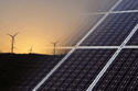 Solarzellen und Windräder bei Sonnenuntergang, Symbol für Hybrid-Energie-Projekt Hameln-Afferde