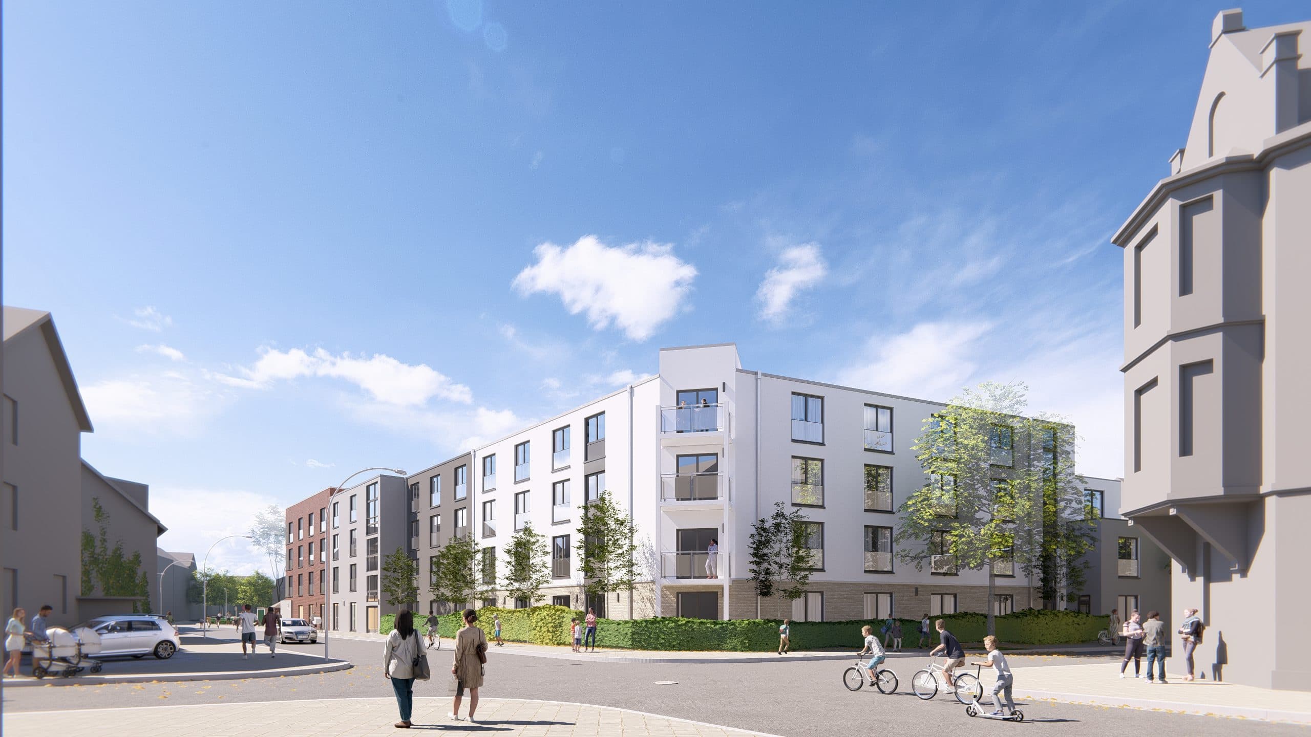 Visualisierung Amando Seniorenresidenz Gladbeck-Brauck, Ansicht von Westen, Nordrhein-Westfalen, ein Projekt der Cureus Urheber: Jasper Siebert, SKAI Siemers Kramer Architekten Ingenieure