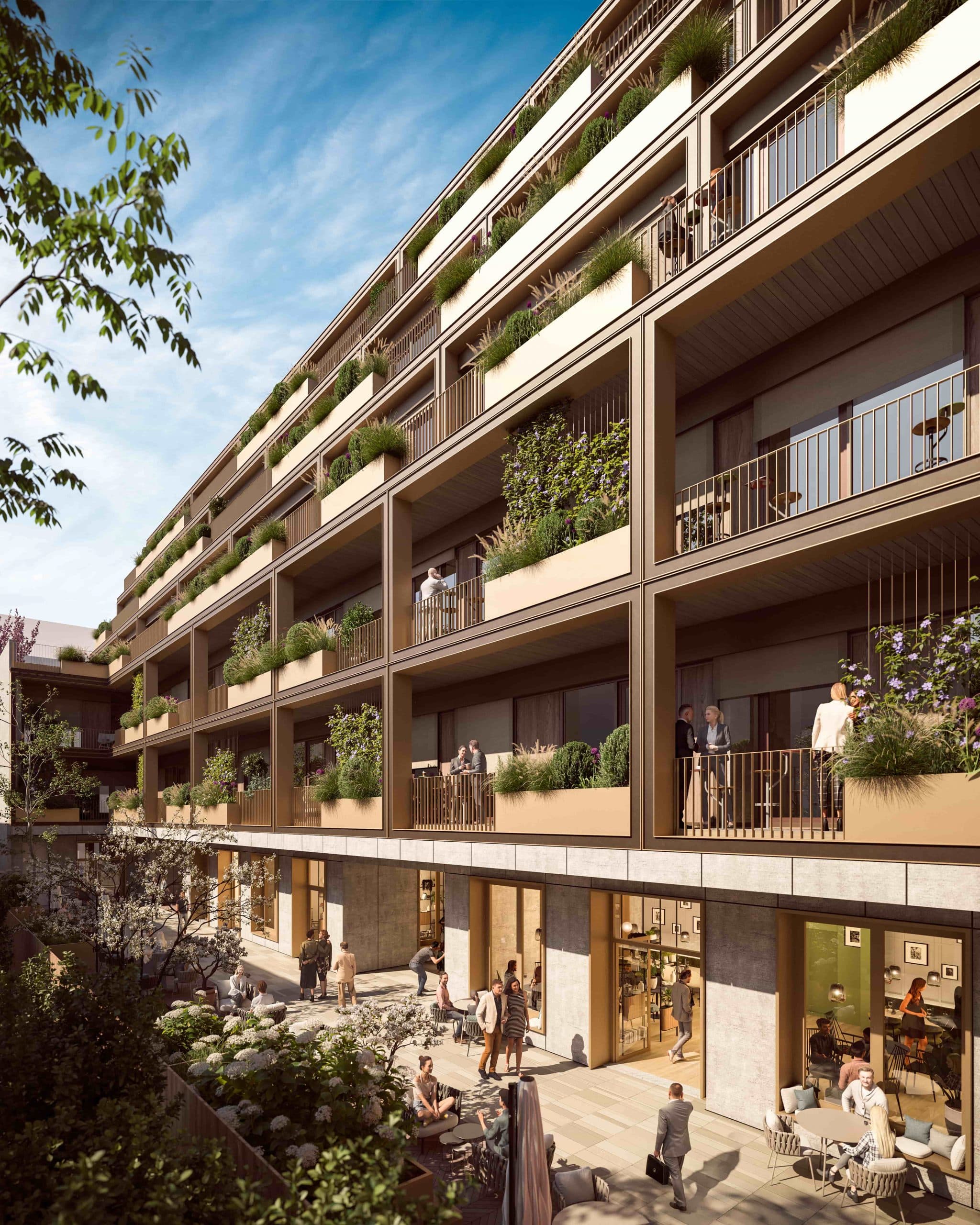 Visualisierung des Franz Marc Quartiers in München, modernes Gebäudeensemble im Bau.