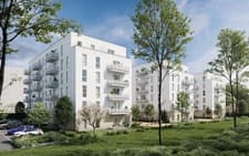 Visualisierung des Wohnungsbauprojekts Sewanstraße in Berlin-Lichtenberg mit modernen weißen Mehrfamilienhäusern und Grünflächen.