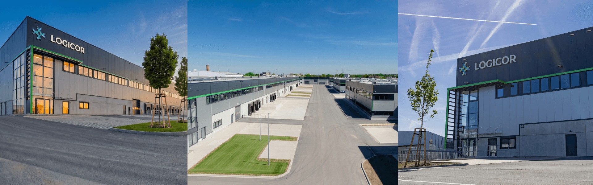 Außenansichten von drei modernen Logicor-Logistikimmobilien an den Standorten Nürnberg, Neuss und Langenfeld.