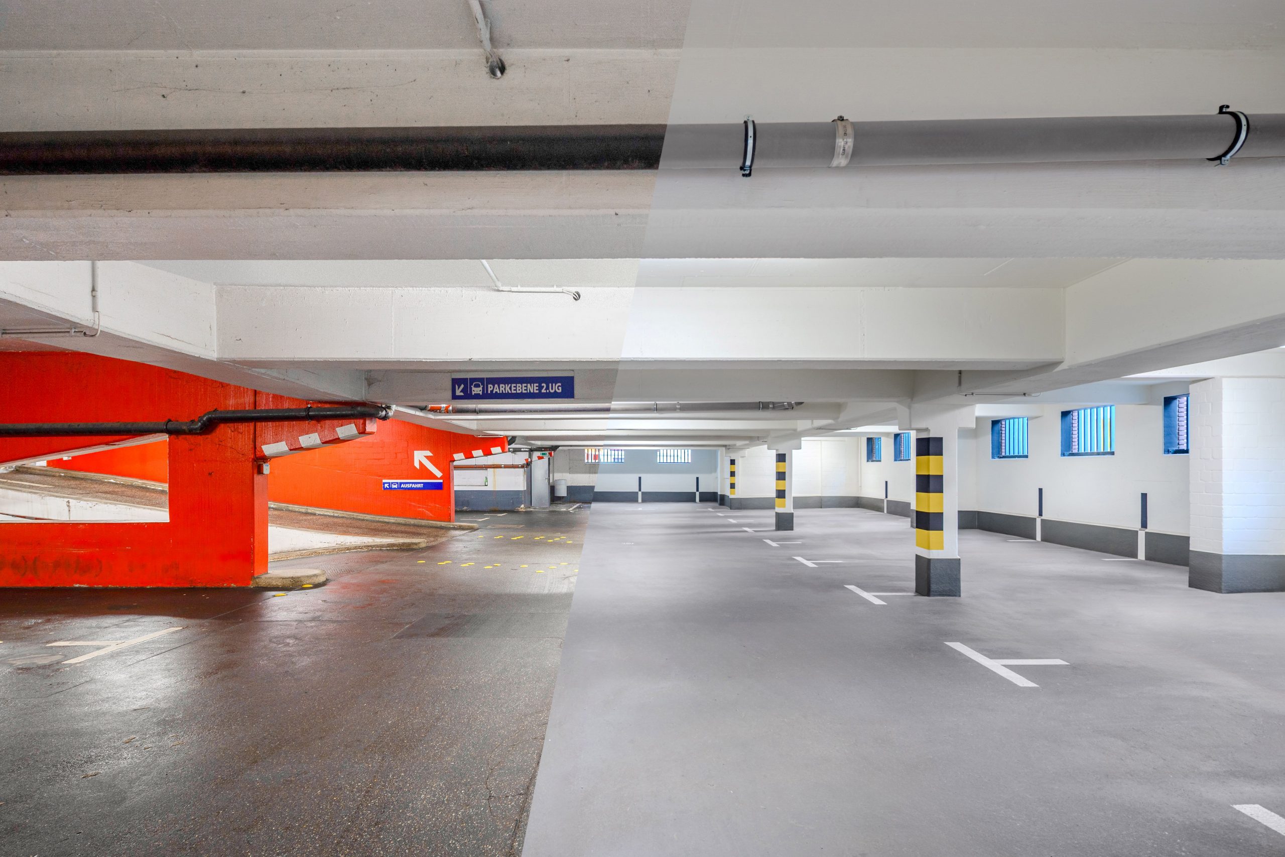 Vorher-Nachher-Vergleich einer Parkebene im Parkhaus Münzstraße (Bildrechte: GOLDBECK GmbH).