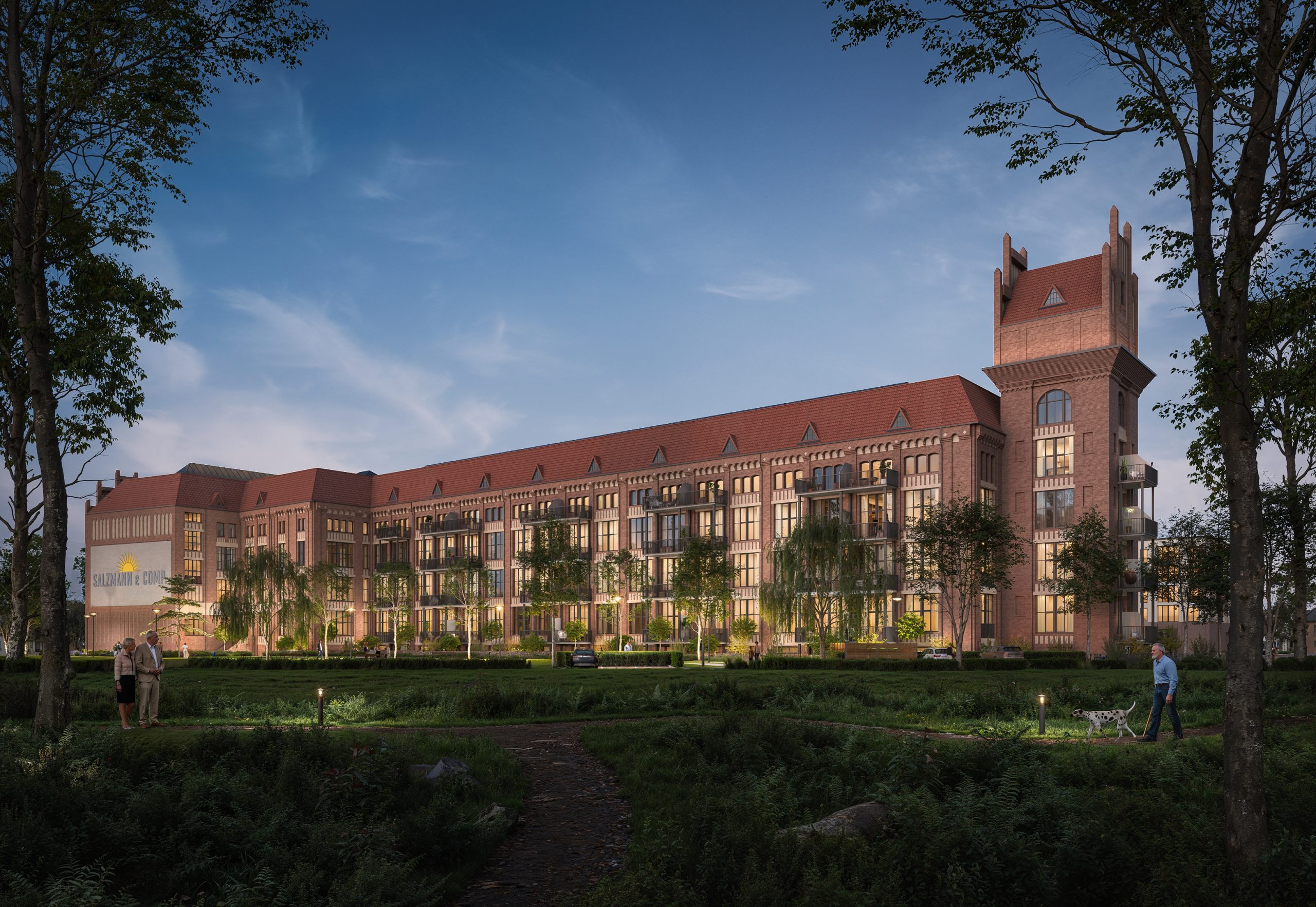 Visualisierung denkmalgerecht sanierter Südflügel der ehem. Salzmann-Fabrik für Service-Wohnen im Wohncarrée Industriedenkmal Salzmann, Perspektive von Westen, Hessen, ein Projekt der Cureus