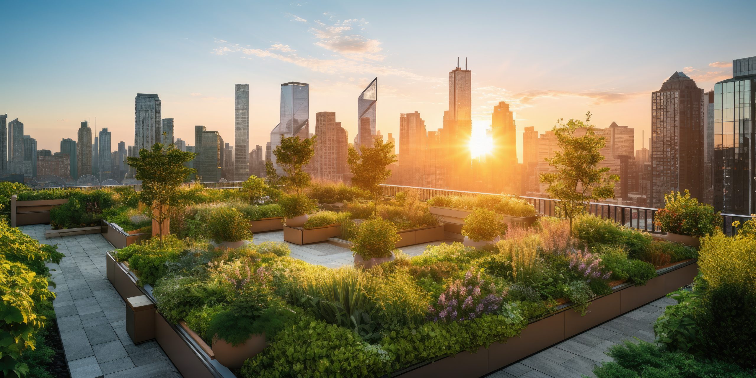 City Skyline Enhanced by the Radiance of the Setting Sun in the Background