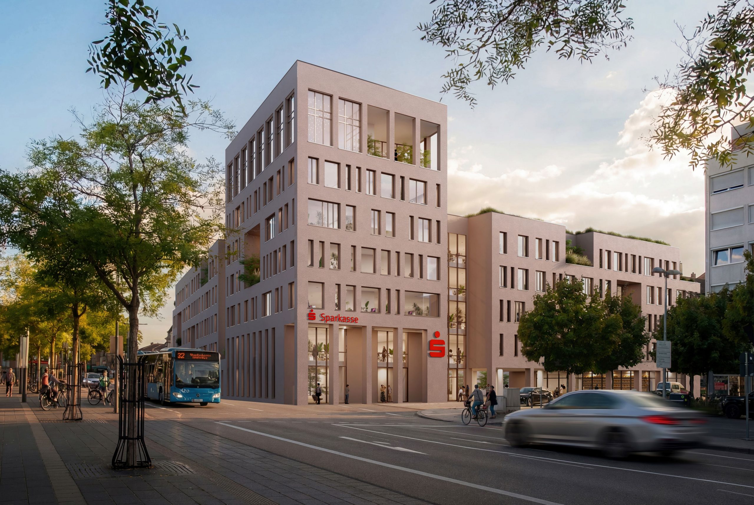 Visualisierung des geplanten Dienstleistungszentrums der Sparkasse Südpfalz gegenüber des Landauer Hauptbahnhofs; Bildquelle: Sparkasse Südpfalz