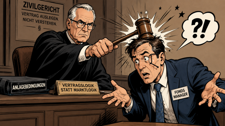 Richter schlägt mit Hammer auf Fondsmanager, Symbolbild für Vertragslogik versus Marktlogik im Zivilgericht.