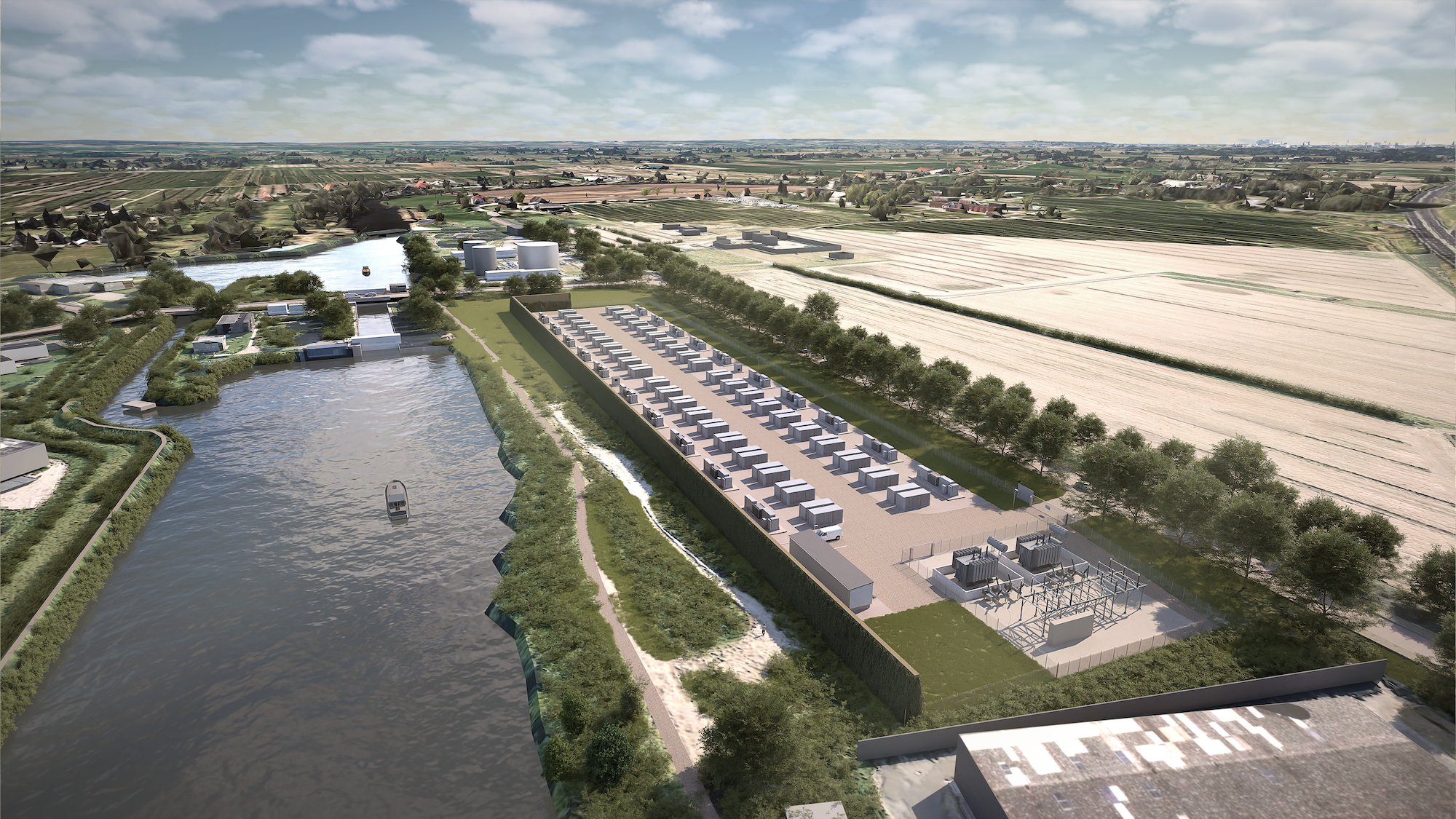 Visualisierung Batterieenergiespeichersystem (BESS)-Projekt mit 100 MW / 400 MWh in Bergedorf (Credits: Flower)