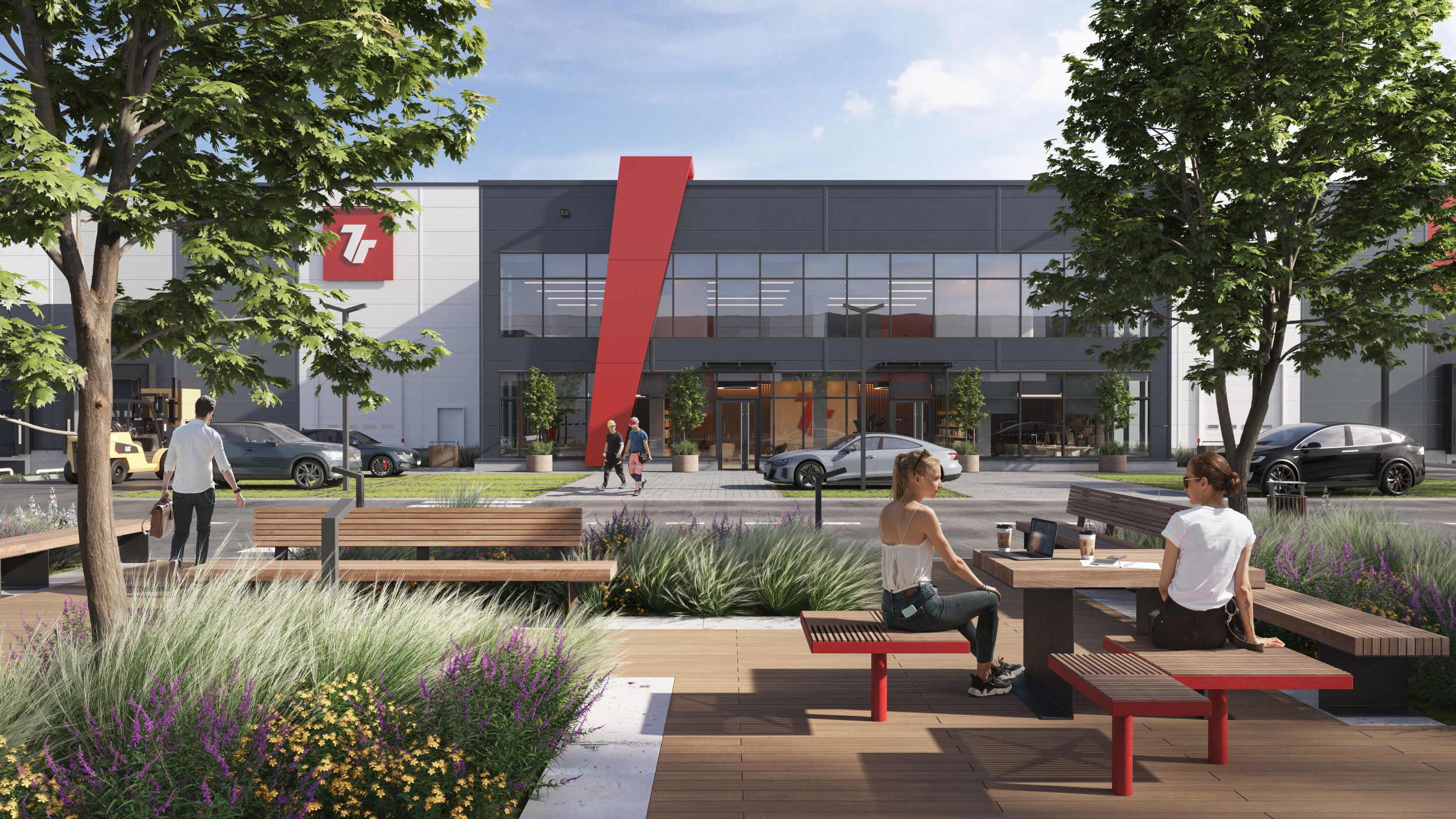 Außenansicht des Logistik- und Technologiezentrums 7R Hub Nowa Huta in Krakau mit Menschen und moderner Umgebung.