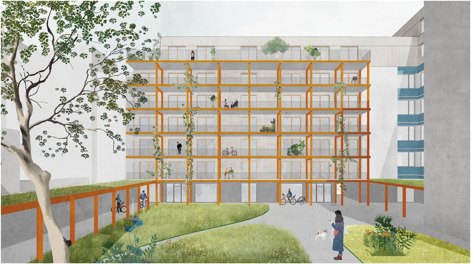 Visualisierung des Innenhofs des Wohn- und Gesundheitshauses MOANOVA in Berlin-Moabit. Bildquelle: ALAS Alarcon Linde Architects