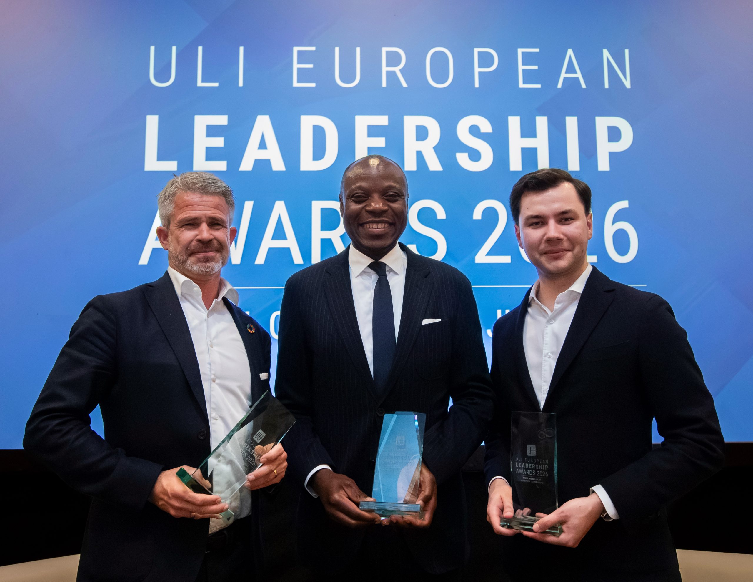 ULI European Leadership Awards. V.l.n.r.: Mikkel Bülow-Lehnsby, Honoré Achille Simo, Ruslan Hajduk. Bild: ULI