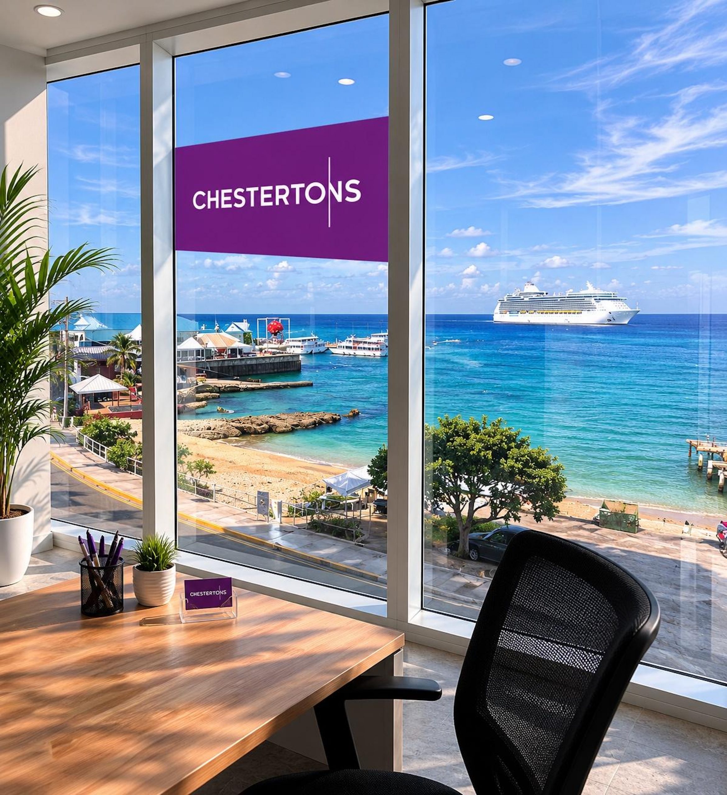 Büro mit Blick auf das Meer, Kreuzfahrtschiff und Uferpromenade in George Town, Cayman Islands
