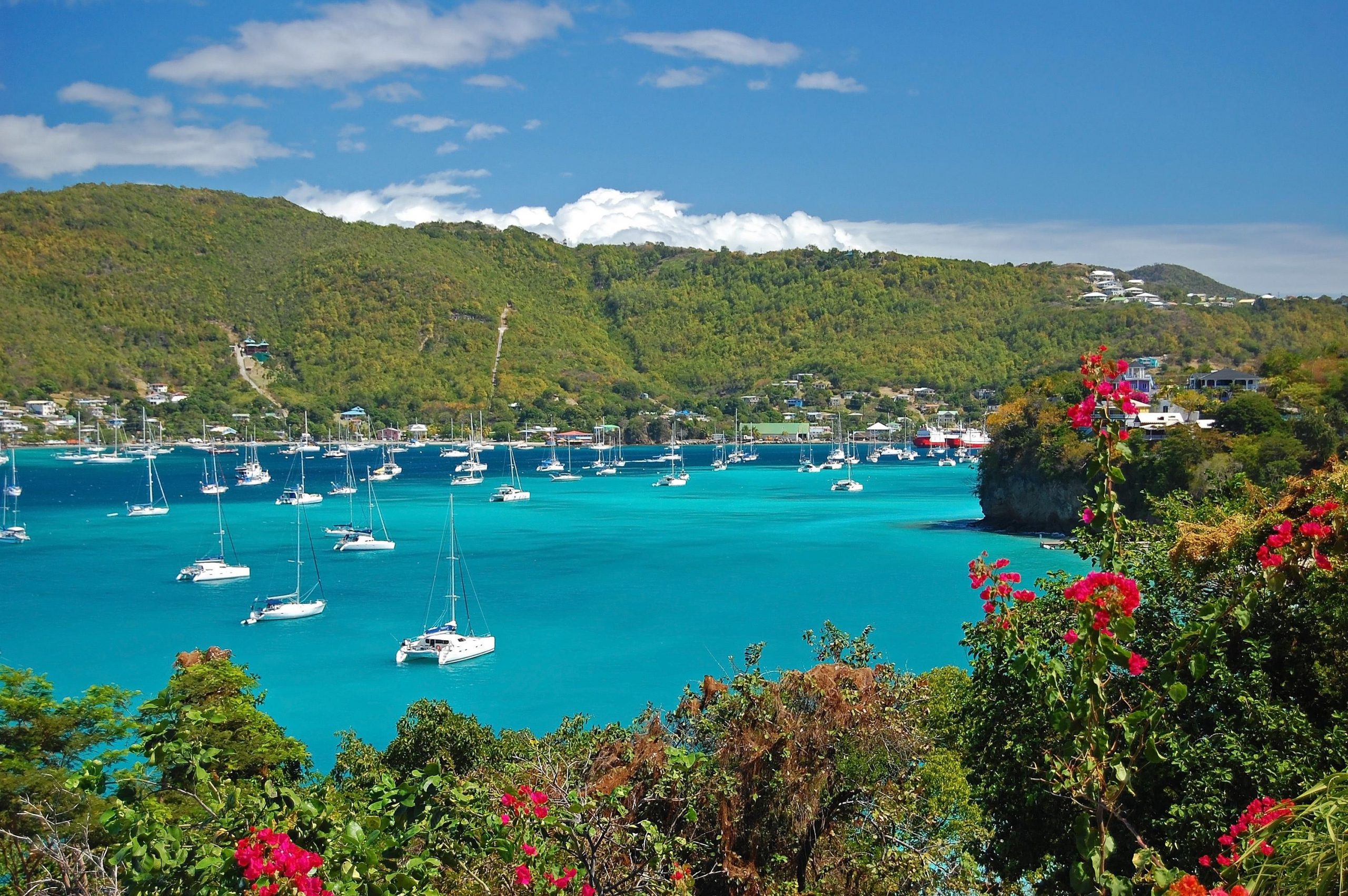 Bucht mit Segelyachten und grünen Hügeln auf St Vincent und die Grenadinen