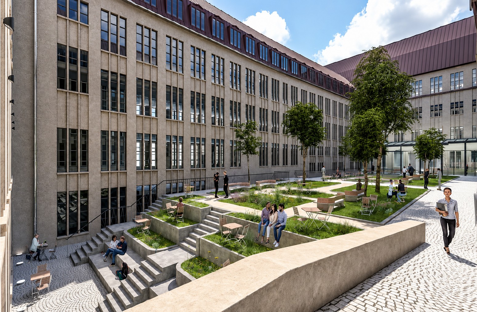 Visualisierung des Innenhofs des geplanten June SIX & Stay Warschauer Platz Berlin mit Sitzbereichen und Bäumen.