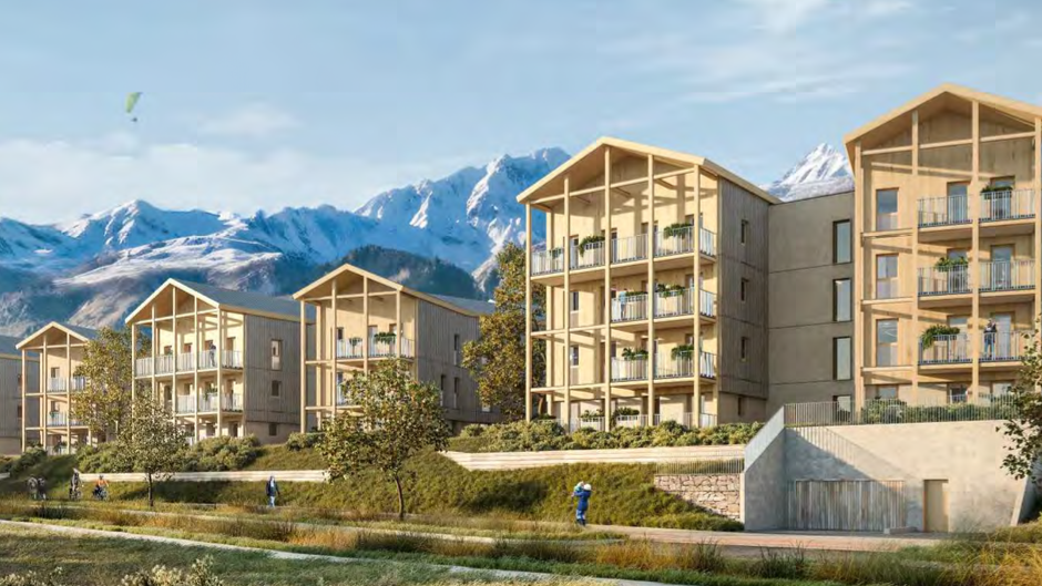 Moderne Wohngebäude der Residenz Alta Rocca vor Alpenkulisse in Aix-en-Provence.