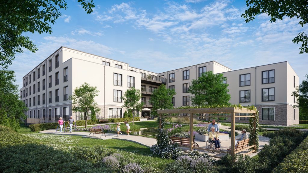 Visualisierung compassio Seniorenresidenz in Niederkassel-Rheidt, Gartenansicht, Nordrhein-Westfalen, ein Projekt der Cureus