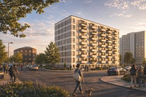 Visualisierung eines modernen Wohngebäudes in der Schönwalder Straße 57 in Berlin-Spandau mit Menschen im Vordergrund