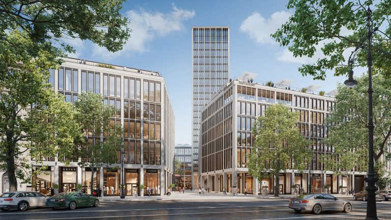 Außenansicht des FÜRST Stadtquartiers am Kurfürstendamm in Berlin mit modernen Gebäuden und Einzelhandelsflächen.