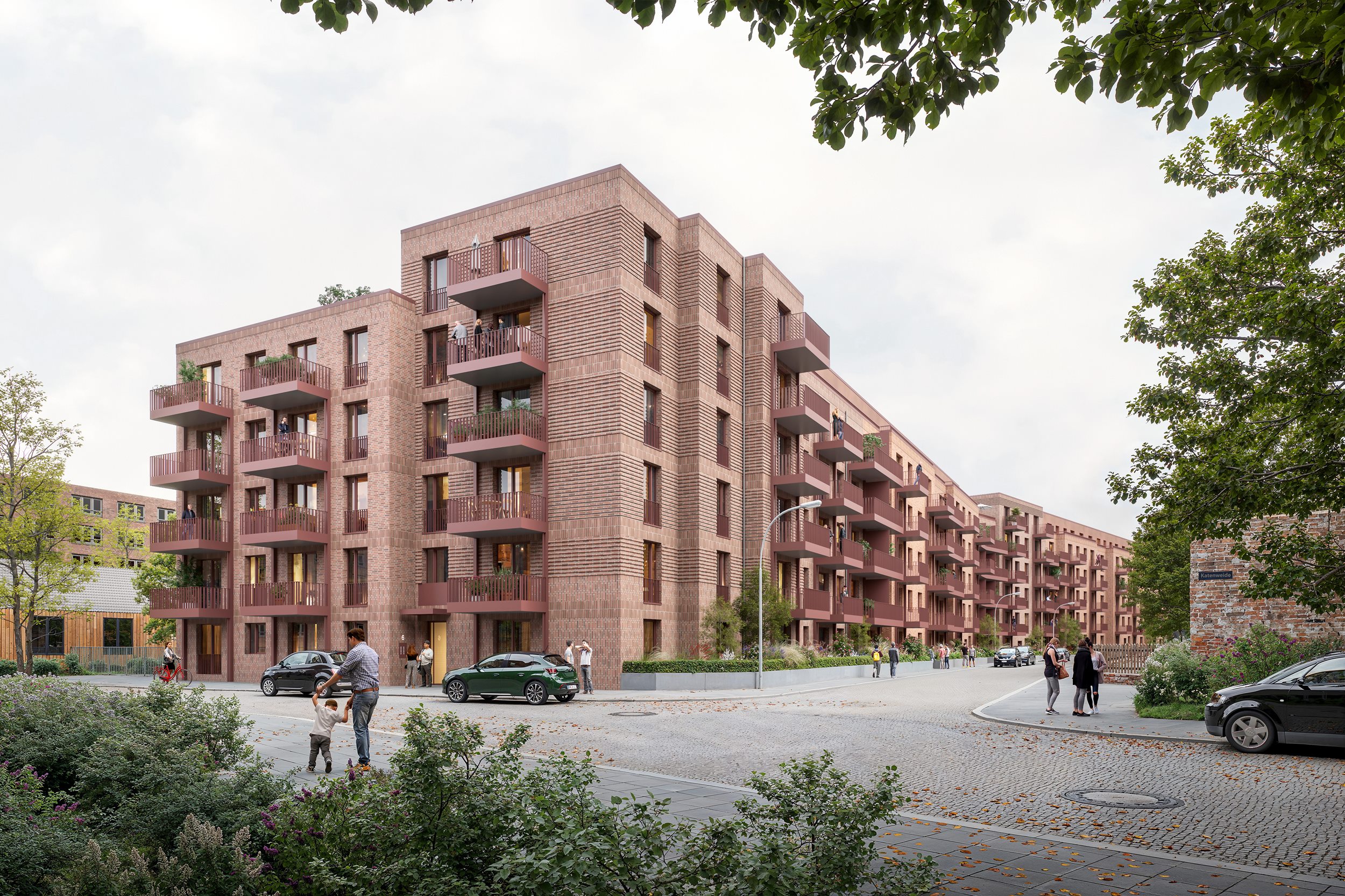 Visualisierung des geplanten Wohnbauprojekts Uffelnsweg mit mehreren Wohngebäuden in Hamburg-Veddel.