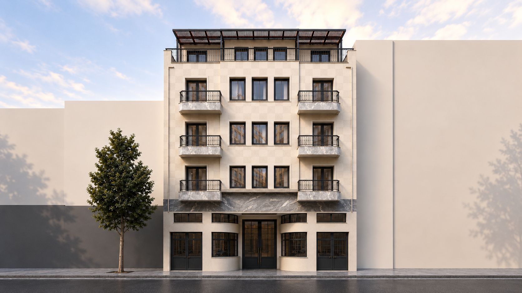 Visualisierung der sanierten Straßenfassade des Akeah Athens City Center in Athen. / Visualisation of the refurbished street façade of the Akeah Athens City Center in Athens; Bildrechte/ Image rights: Aroundtown S.A.