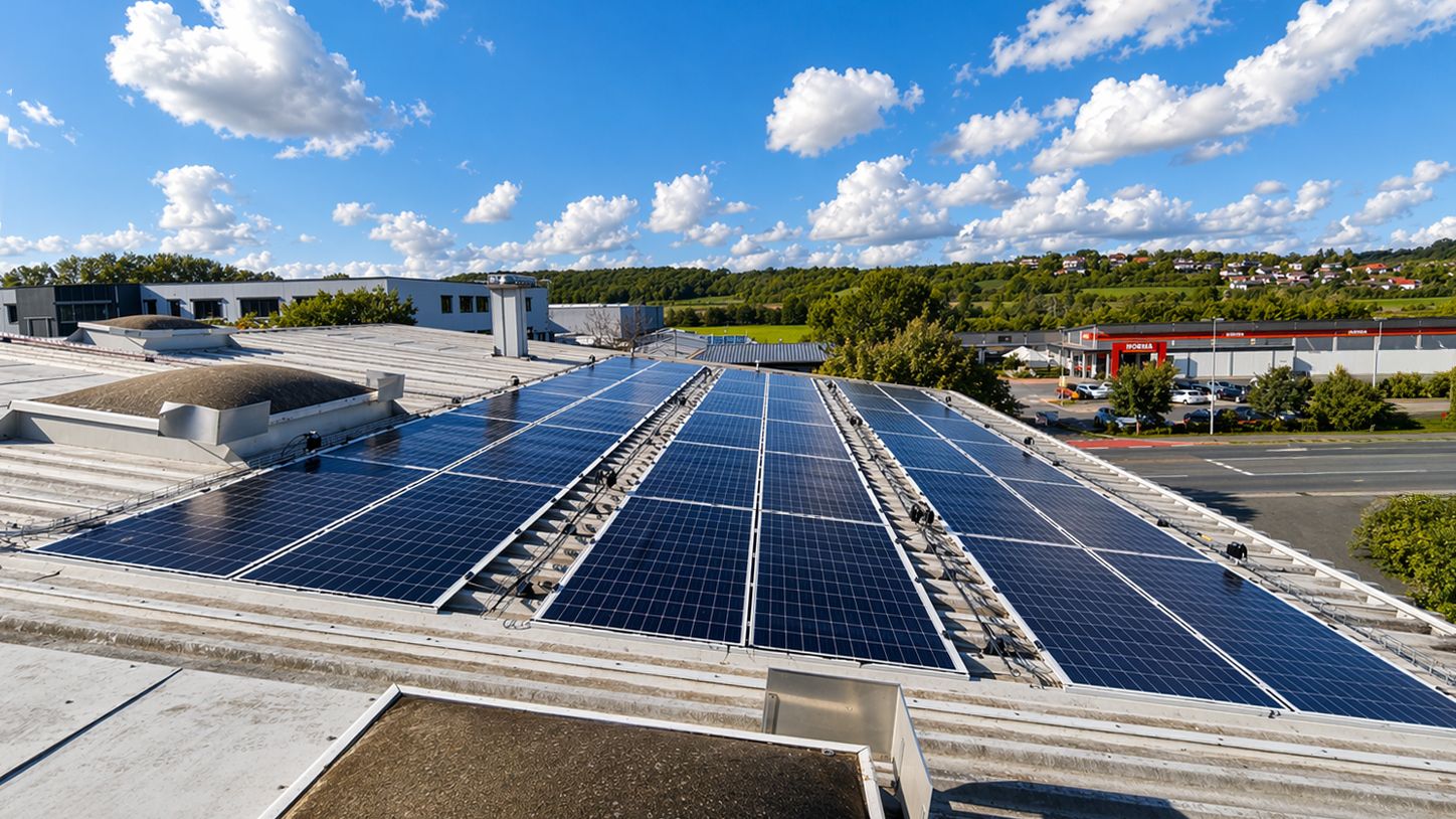 Photovoltaikanlage auf einem Dach im Portfolio von Aroundtown. / Rooftop photovoltaic system on a property in the Aroundtown portfolio. Bildrechte/ Image rights: Aroundtown S.A.