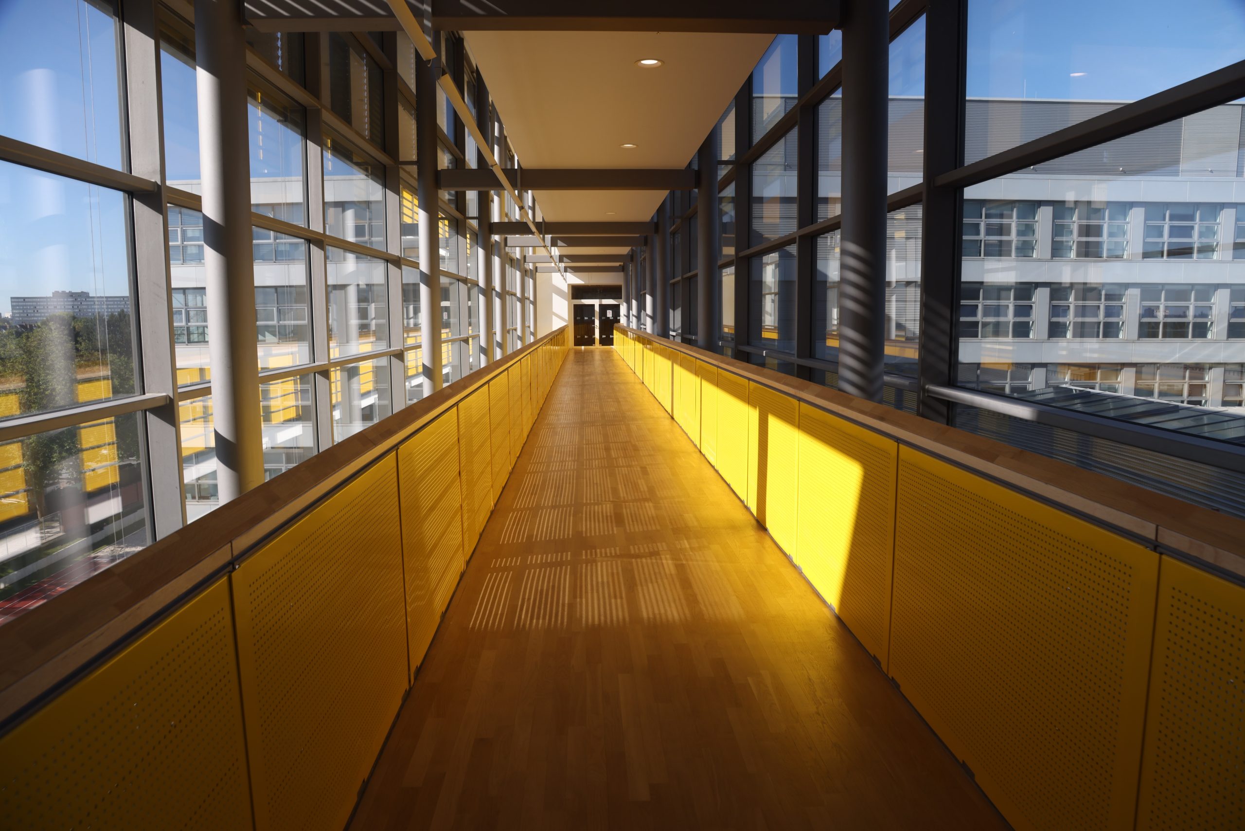 Lichtdurchfluteter Verbindungsgang mit gelben Akzenten im Bildungscampus Lateral Towers Frankfurt.