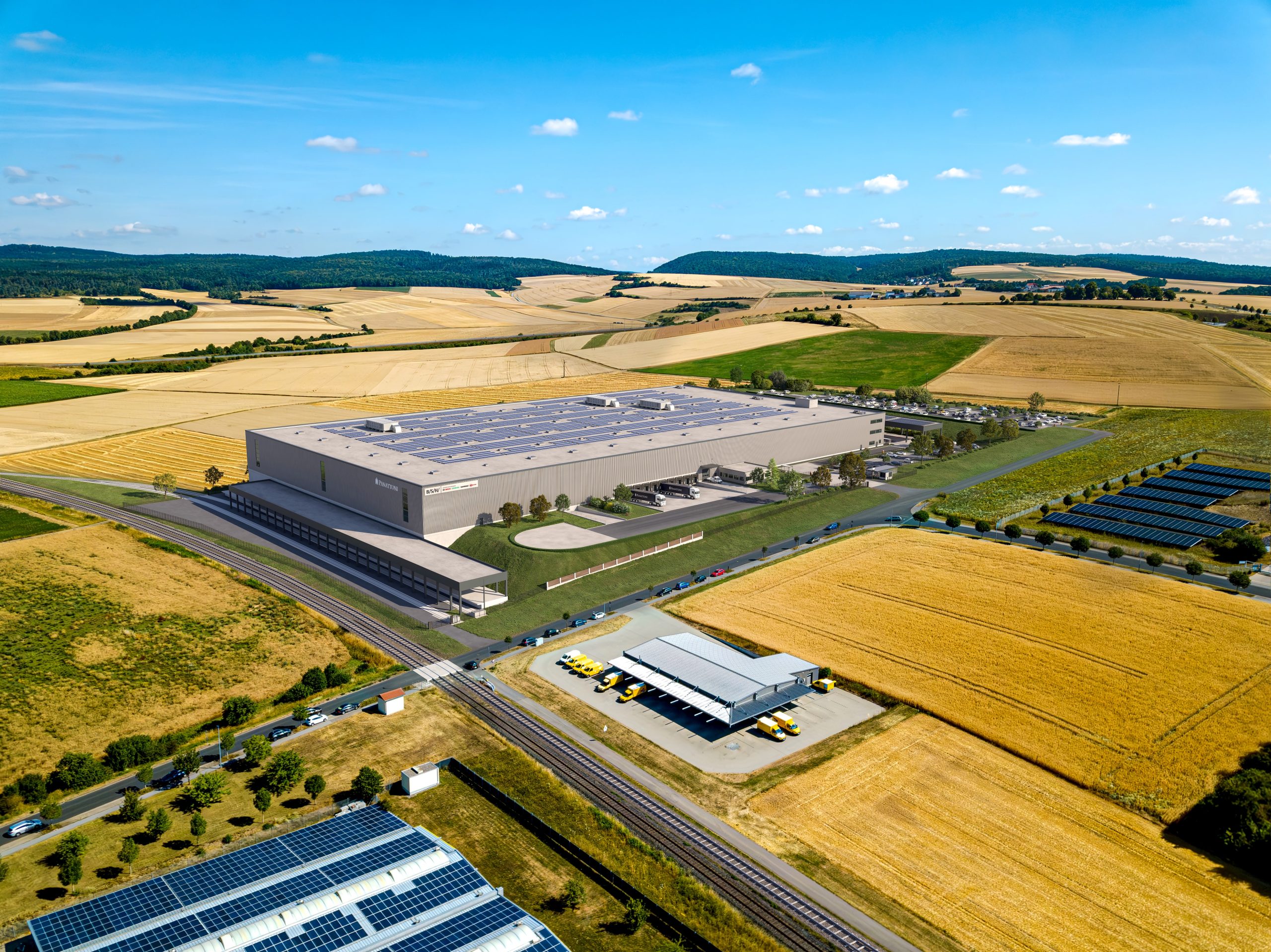 Luftaufnahme des neuen Produktions- und Logistikstandorts von BSH Hausgeräte GmbH in Mellrichstadt, entwickelt von Panattoni.