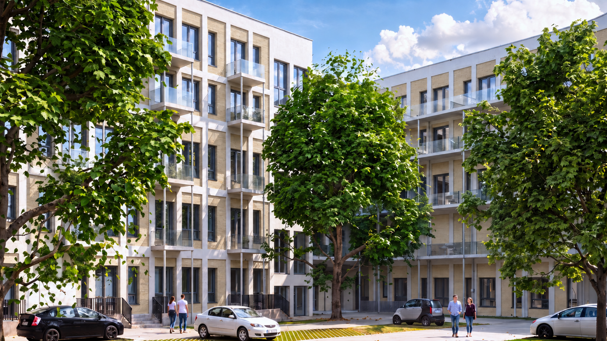 Außenansicht des revitalisierten Gebäudes Kruppstraße 51 in Düsseldorf mit Wohnungen und Balkonen, Bäume im Vordergrund.