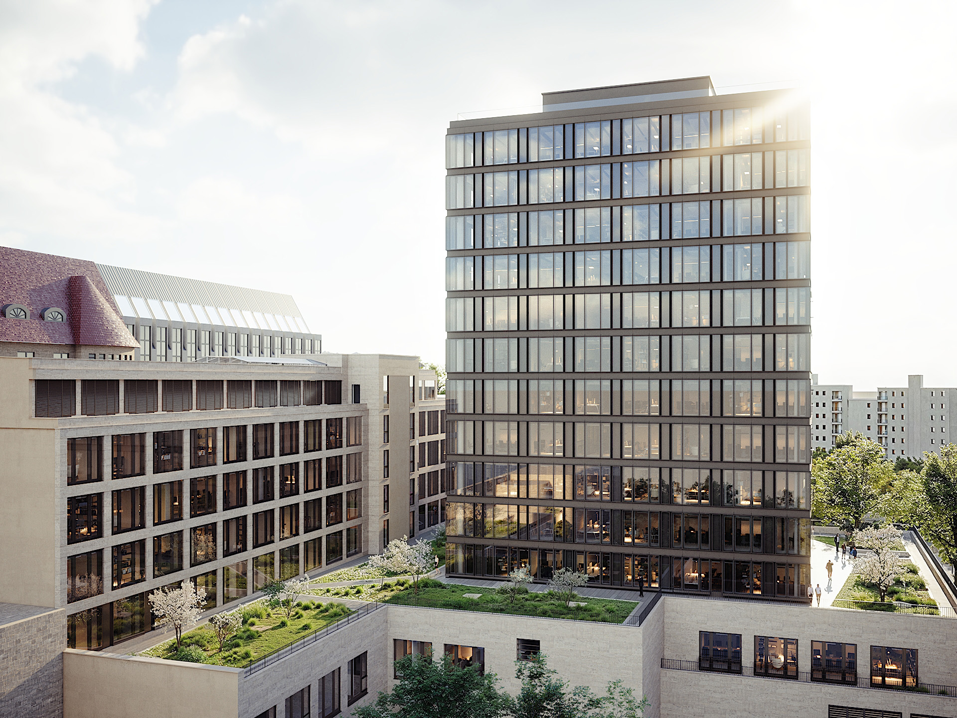 Außenansicht des P1 Punkthochhauses in Berlin mit moderner Glasfassade und Dachbegrünung